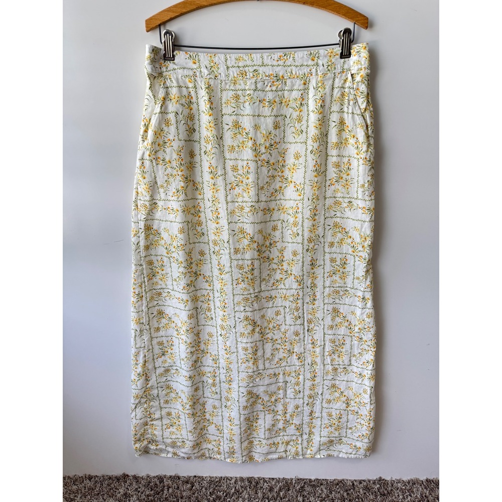 Joie Linen Skirt Floral Print Elastic Waist Midi White Yellow Large (Copy)